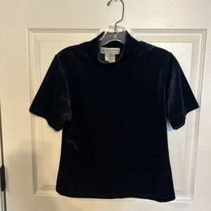 Vintage Made In USA Laura Martin Navy velvet top size Med Mock neck short sleeve